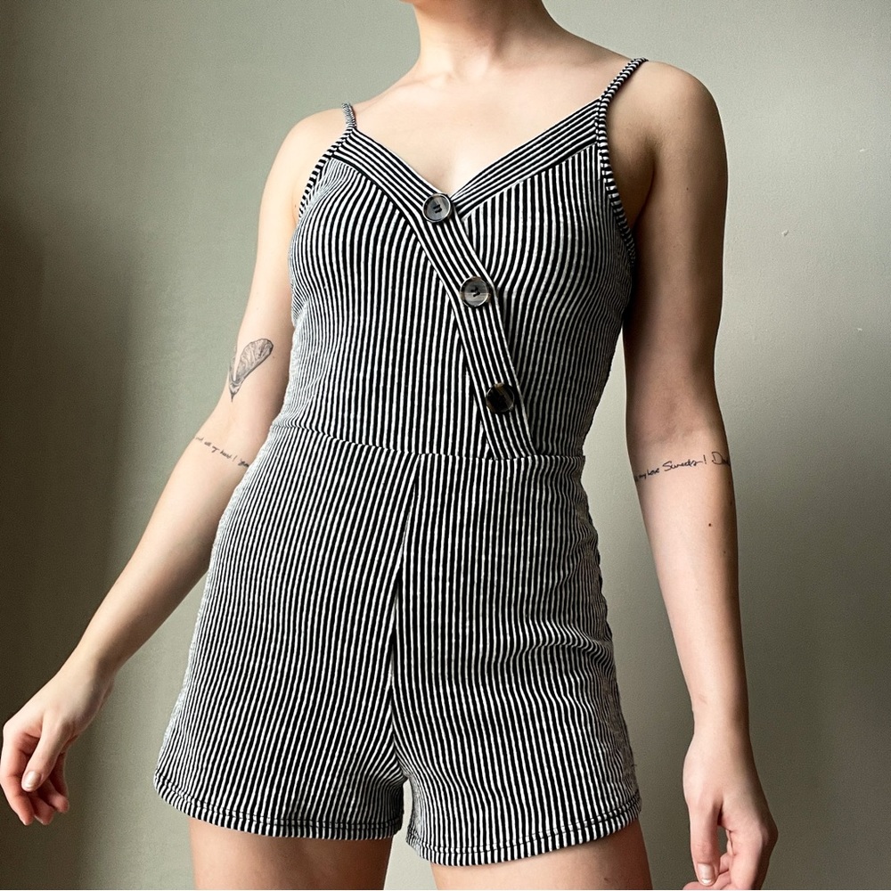 Caution to the Wind Black and White Striped Romper